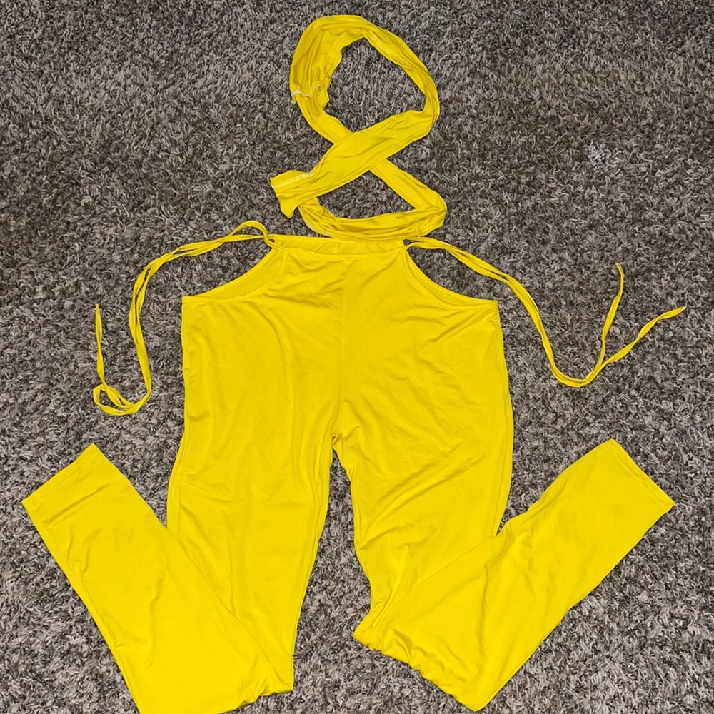 Yellow two piece pant set, cris cross bandeau top